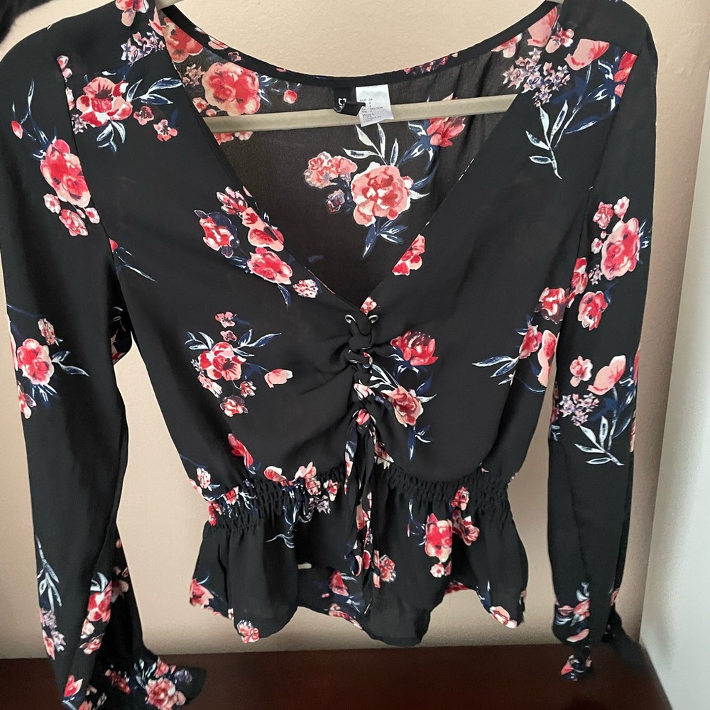 H&M Black Floral Blouse with Red and Pink Accents